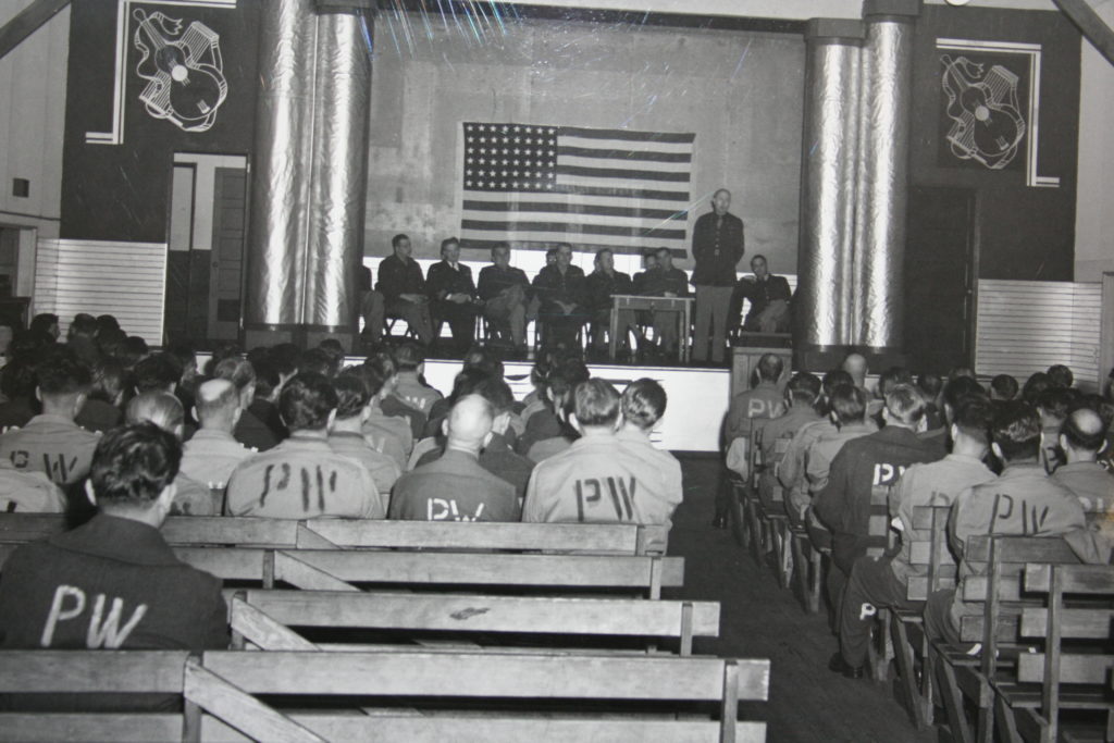 TV Smith addresses POWs graduating in a ceremony at Fort Getty (Edward Davidson Papers, Yale University Library)