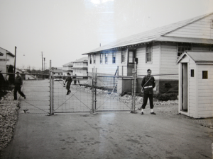 Military policeman, with no gun, standing guard at the entrance of Fort Kearney (Edward Davison Papers, Yale University Library)