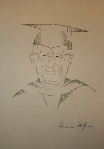 Professor Howard Mumford Jones, probably drawn by a Fort Kearney POW, showing Dr. Jones on graduation day, November 30, 1945. (Edward Davison Papers, Yale University Library)