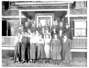 Gallaudet administration staff at the office building (still standing) at the corner of Post Road and Alger Avenue, Chepiwanoxet, Warwick, R.I. (Ann Holst Collection)