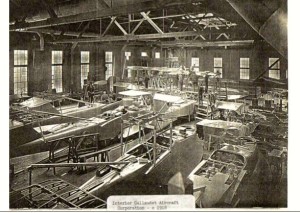 Aircraft under construction at the Gallaudet Aircraft manufacturing plant at Chepiwanoxet in 1918, intended for use in World War I. The aircraft could be the Gallaudet Battlecruiser Seaplane, with a forward gunner designed to attack German U-Boats (Neil Williams Ross Collection)