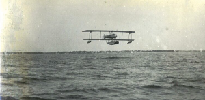 A Gallaudet D2 seaplane flying over Narragansett Bay (Neil Williams Ross Collection)