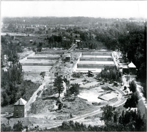 View of filtration plant construction, pumping station on right