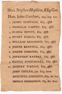 Between 1758 and 1767 Stephen Hopkins of Providence and Samuel Ward of Westerly engaged in bitter elections for governor. This prox dates to ca. 1758 (Collection of Daniel C. Schofield)