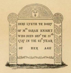 Illustration of the gravestone of Sarah Kemble Knight in New London, Connecticut 