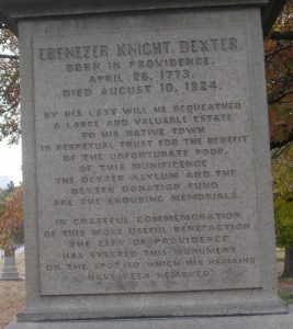 The inscription on the memorial for Ebenezer Knight Dexter at the North Burial Ground